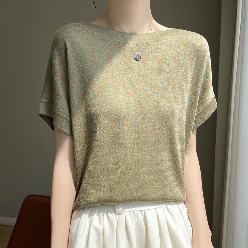 Women Knit T-shirt MODERN NEW SAGA Summer Knitted Shirt Short Sleeve Tees Slash Neck Pullover Knit Tops