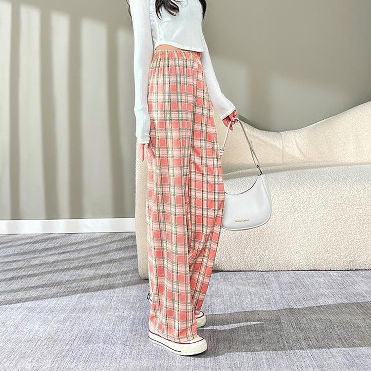 Женские повседневные брюки с высокой талией из утолщенного бархата в клетку с широкими штанинами