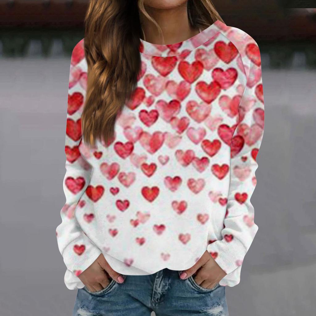Женская модная повседневная толстовка с длинным рукавом и принтом на День святого Валентина и круглым вырезом