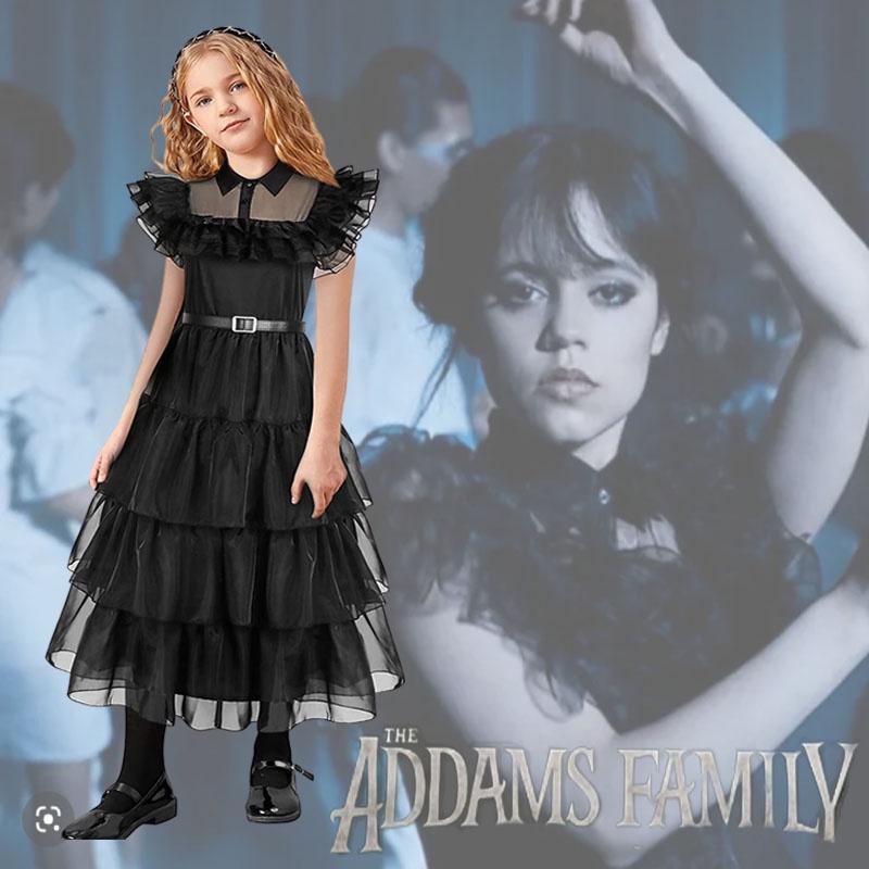 Платье для детей Уэнсдей Аддамс Косплей Костюм Вечеринка А-силуэт Многоярусная юбка