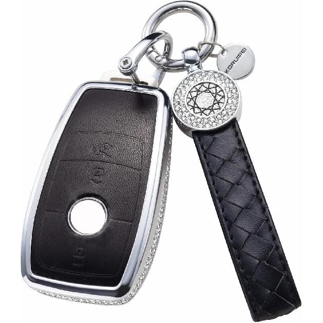 for Mercedes Benz Key fob Cover, Leather Crystal Key Case Protector Compatible with Mercedes Benz E-Class S-Class A-Class C-Class G-Class AMG smart