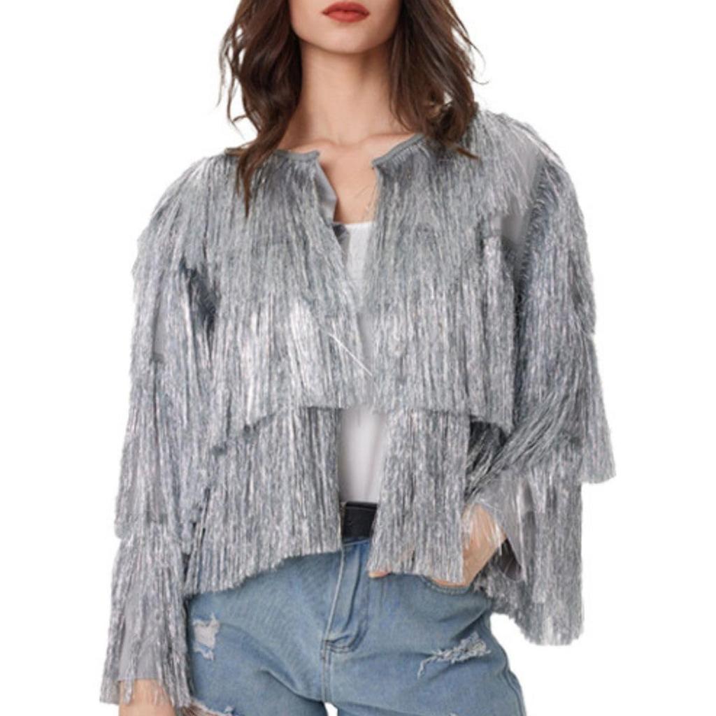 Women's Sequin Fringe Jackets Sparkly Tassel Hem Long Sleeve Open Front Jacket Outerwear
