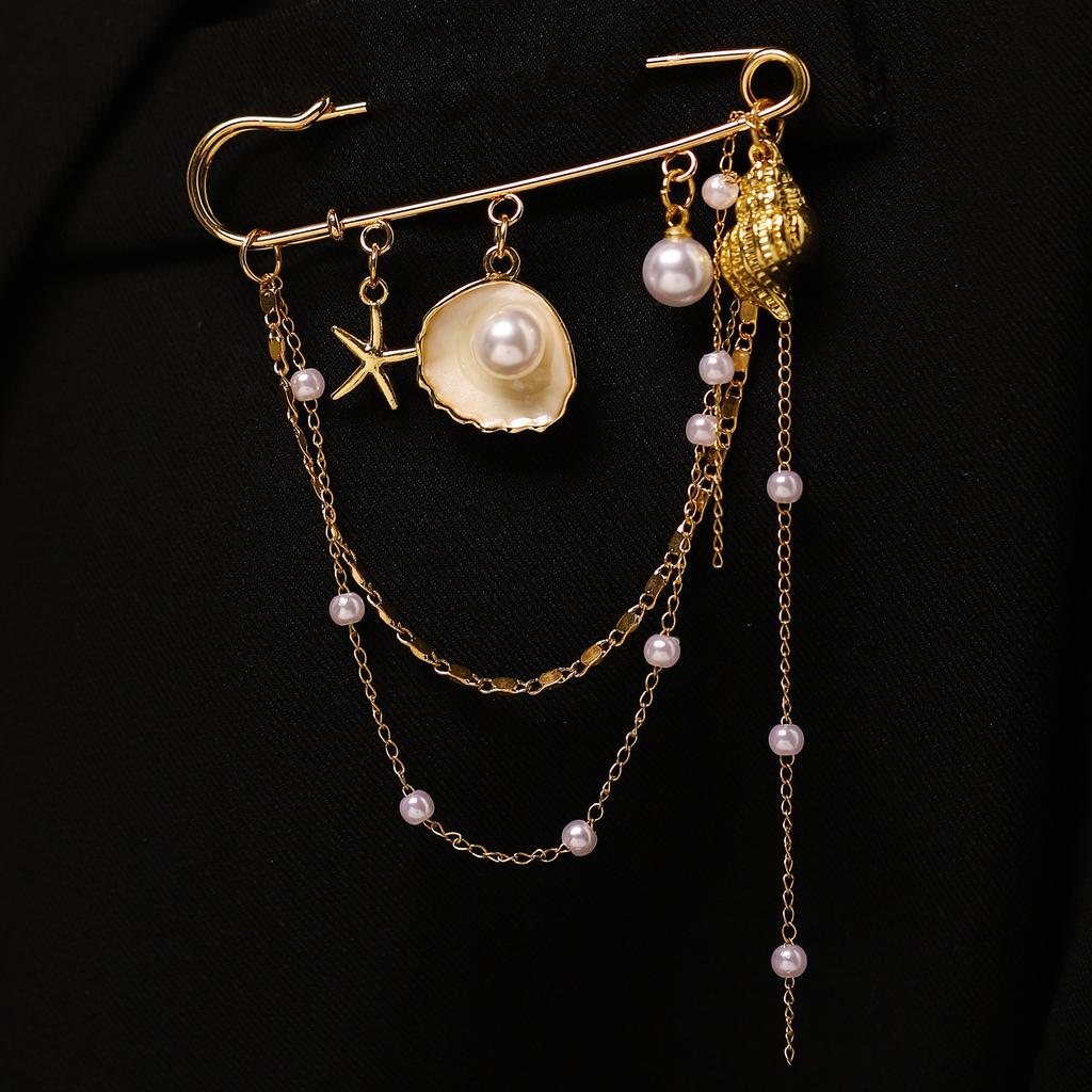 Bohemian Starfish Conch Shell Imitation Pearl Pendant Brooches for Women Men Beach Vacation Style Suits' Brooches Accessories