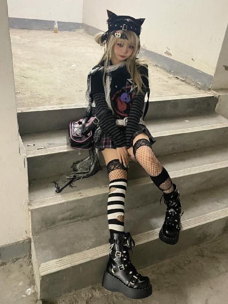 Осенняя эстетика панк-принт с длинными рукавами, женская футболка Harajuku Rock Y2k Fake из двух частей, японская мода, свободная повседневная одежда