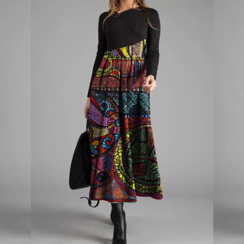 Autumn And Winter Women's Dresses Casual Long Sleeves Long Bohemian Printed Dress Women Clothes