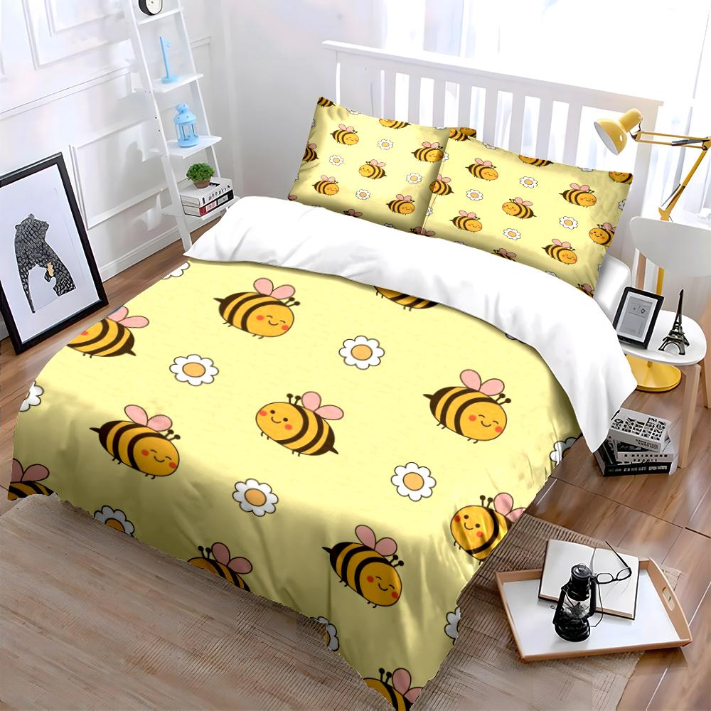 Cute Cartoon Bee and Daisy Bedding Set Bedding set (1 duvet cover, 2 pillowcases, duvet not included)