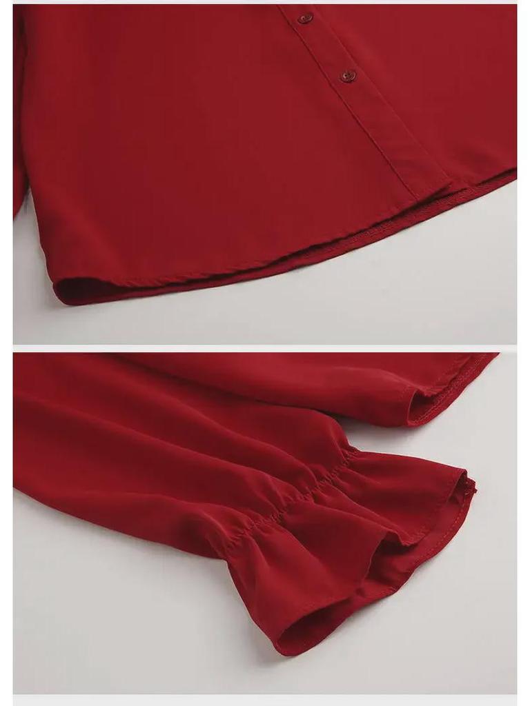 Wine Red V-Neck Chiffon Shirt: Stylish Ruffled Design, Slimming, Long-Sleeved, Ideal for Spring & Autumn.