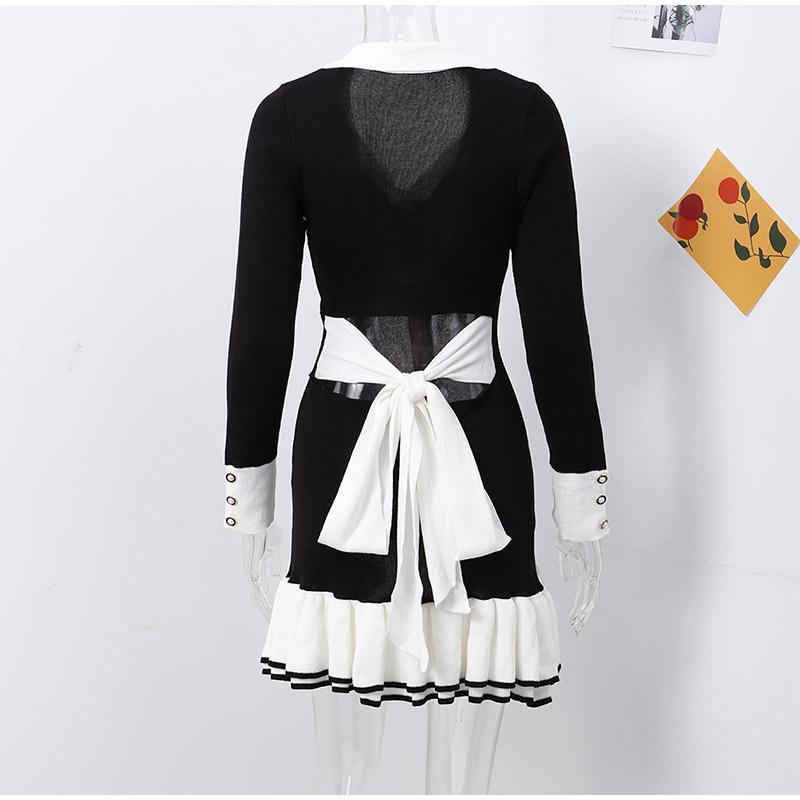 Элегантное трикотажное мини-платье с оборками, женское пэчворк, длинный рукав, V-образный вырез, бант, открытая спина, однобортное платье, женское вечернее платье