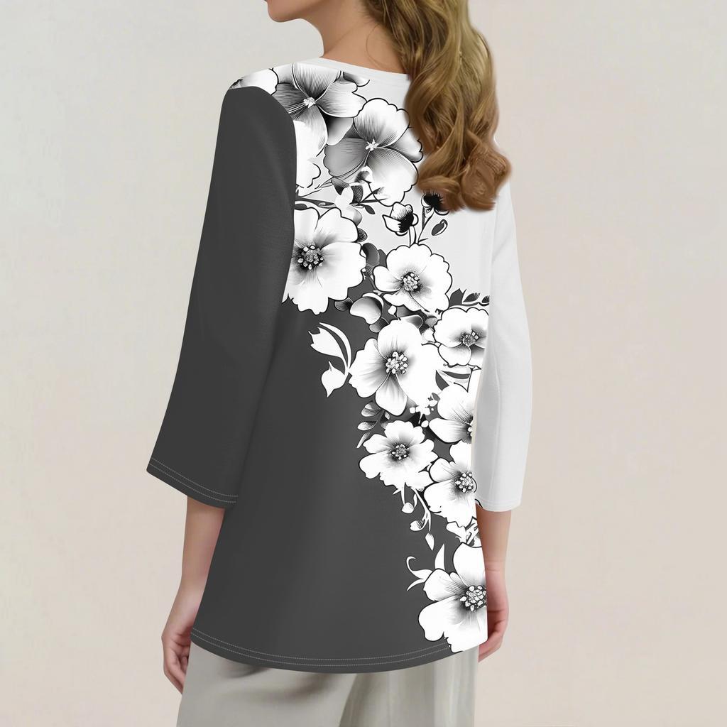 Женская футболка с принтом, рукав 3/4, повседневная мода на выходные, базовый топ с V-образным вырезом