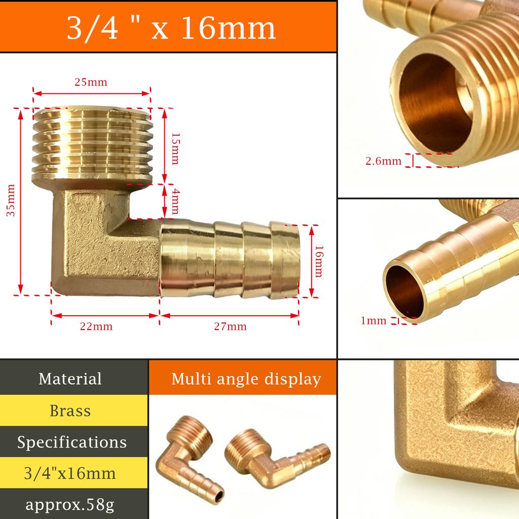 1pc Brass Pagoda Hose Barb Elbow Fitting 16/19/25mm 3/4" Thread Pipe Connector for Fuel Air Water Line - Universal Fit