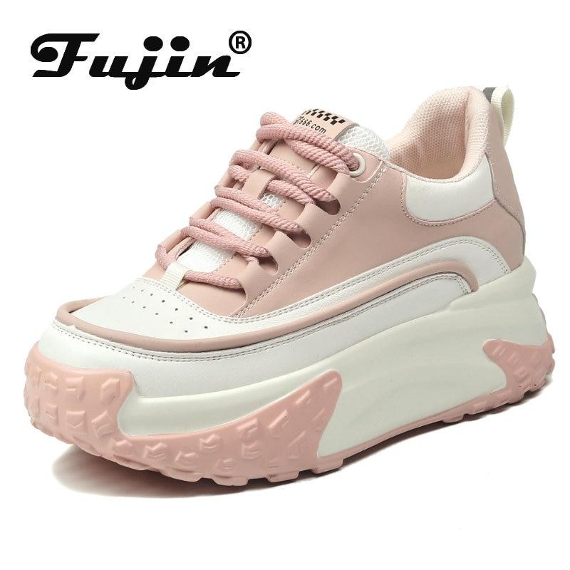Fujin/7 см, весенне-осенние женские летние удобные туфли из натуральной кожи с высоким берцем, обувь для скейтборда, кроссовки на массивной платформе на танкетке, разноцветные