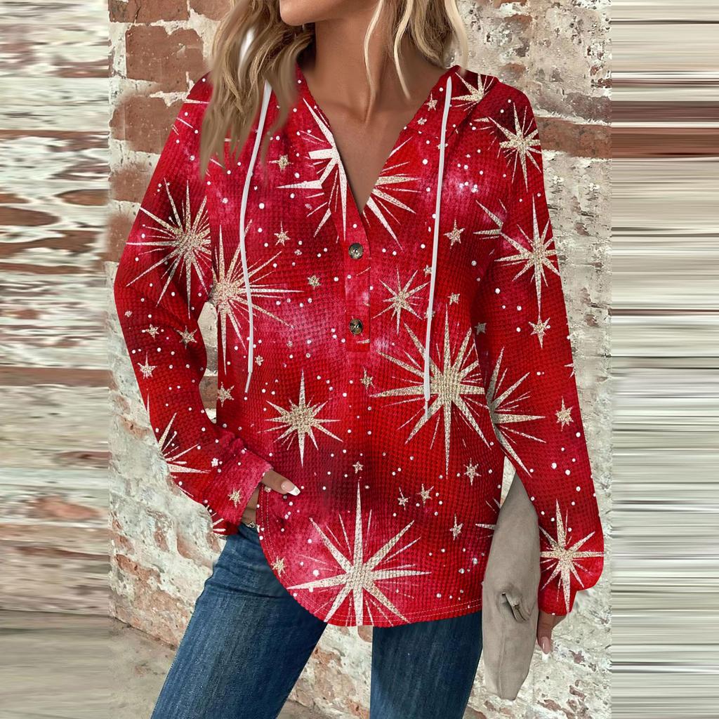 Women's Fashion Casual Long Sleeve  Drawstring Button V-Neck  Hooded Christmas Printed Sweatshirt Top