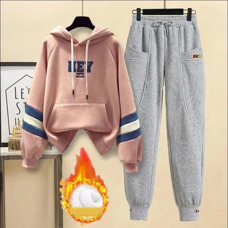 Осенне-зимний женский теплый флисовый комплект из толстовок с капюшоном в стиле пэчворк, повседневная рабочая одежда, брюки, комплект из двух предметов, женский спортивный костюм для бега