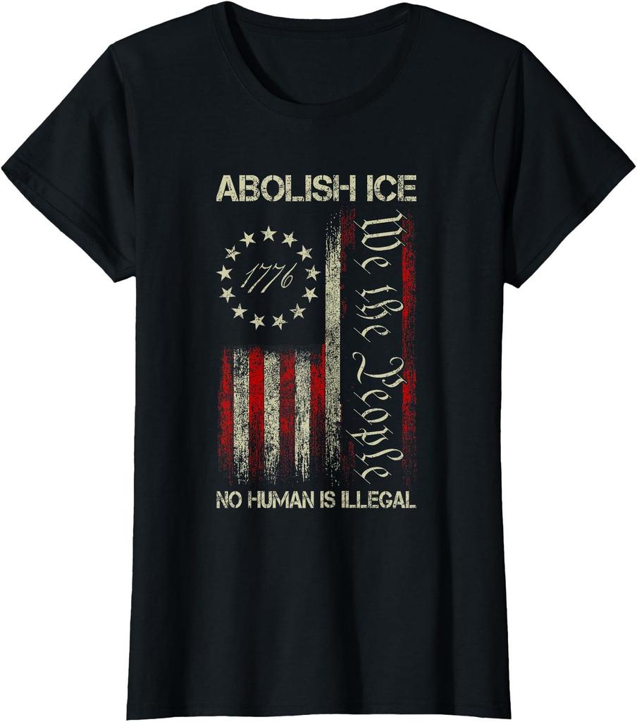Vintage Abolish ICE No Human is Illegal US Flag Ladies' Crewneck T-Shirt