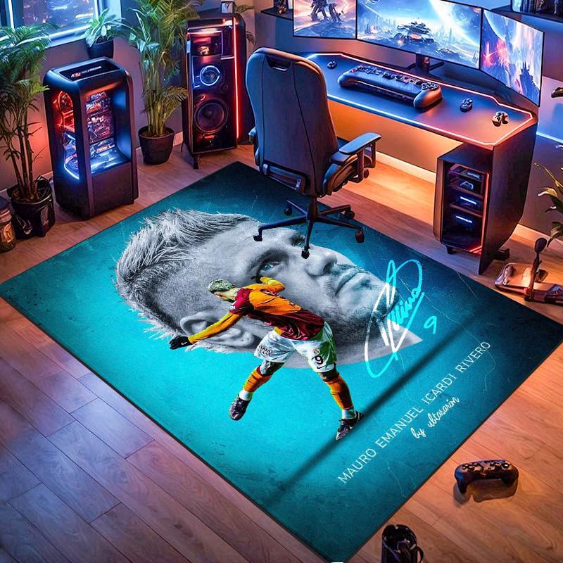 Blue Football Player Portrait Action Print Area Rug, Sports Fan Non‑Slip Floor Mat for Living Room Bedroom Home Decor