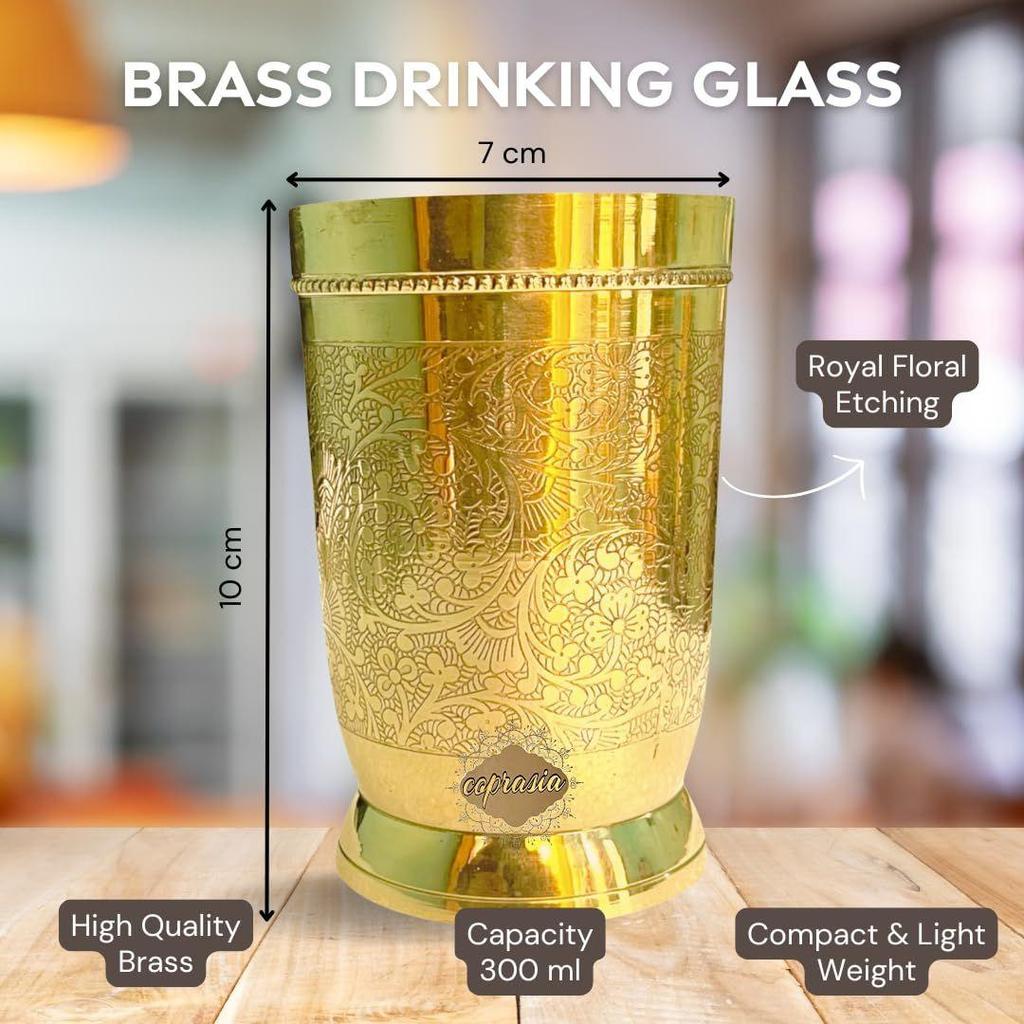 Brass Dining Glass || Drinking Brass Glass || Brass Tumbler with Embosed Design - Capacity 300 Ml (Pack of 1 Glass)