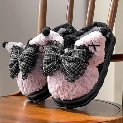 Новые женские плюшевые тапочки с узором, женские теплые и мягкие тапочки с бантом, женская толстая зимняя домашняя обувь из хлопка, женские тапочки с обхватом носка