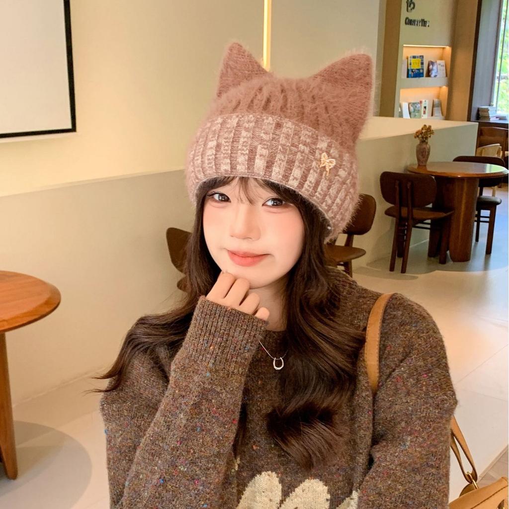 Новая осенне-зимняя симпатичная утолщенная шапка для защиты ушей с кошачьими ушками, женская зимняя защитная от холода, теплая шерстяная шапка для маленького лица