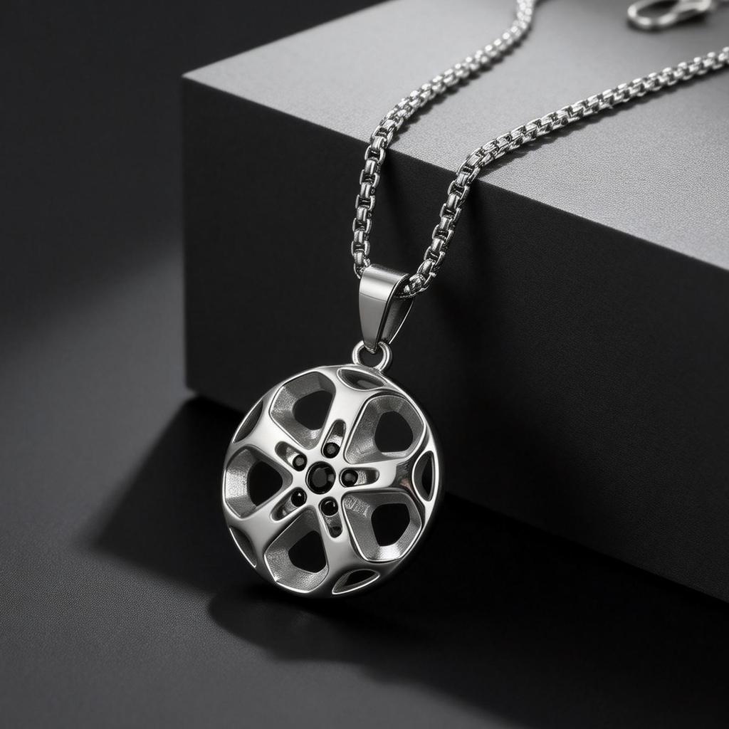 Creative Unique Wheel Hub Pendant Necklace Inlaid Cubic Zircon Stainless Steel Necklace Fashion Punk Jewelry for Men Gift