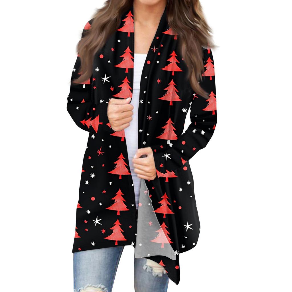 Women's Fashion Christmas Print Jacket Long Sleeve Casual Cardigan Coat