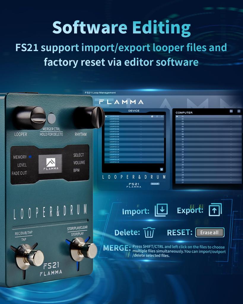FLAMMA FS21 Drum Machine Loop Pedal 160 Minutes Recording Capacity Groove Support Software Editing External Footswitch Control Green