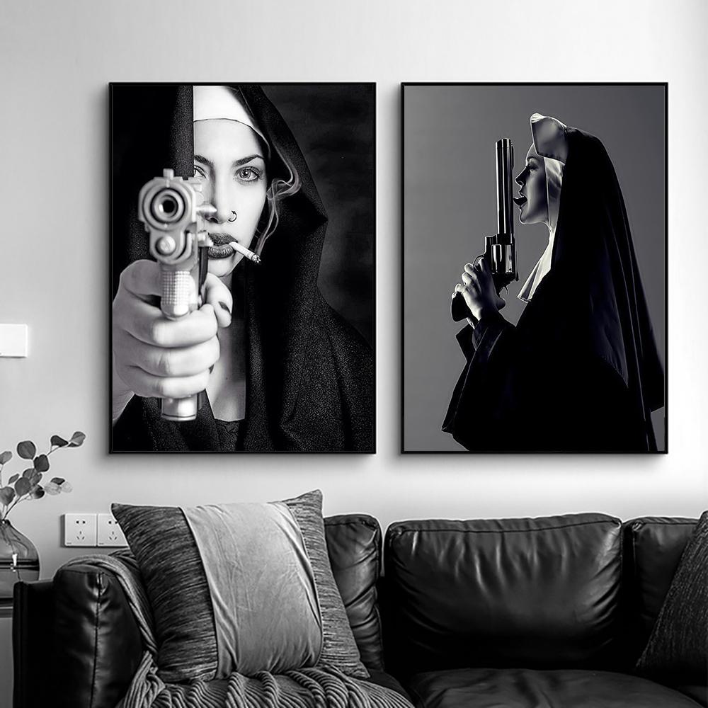 Сексуальные обнаженные монахини с большими пушками, настенная живопись на холсте, современная черно-белая пленка, постер с принтом, картина для декора гостиной