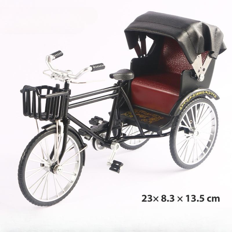 1/10 Scale Alloy Classic Retro Rickshaw Car Model Diecasts Metal Tricycle Handcart Vehicles Model Simulation Children Toys Gifts