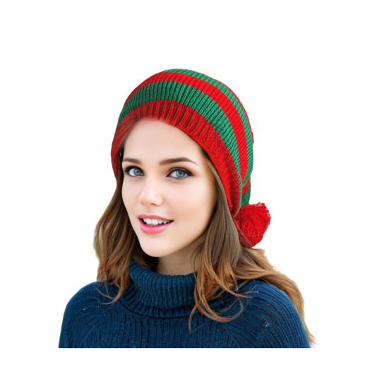 Шапка Санты Красно-бело-зеленая полосатая вязаная рождественская шапка с плюшевым помпоном Праздничный аксессуар