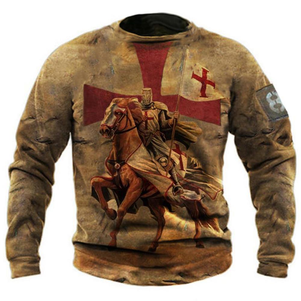 Винтажные футболки, мужская хлопковая футболка с длинными рукавами, крестоносец, рыцарь, графические топы, 5xl, футболка с 3d принтом, повседневная одежда большого размера с круглым вырезом