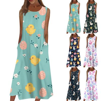 Жен. Повседневные платья с принтом Круглый вырез Классический Классический На открытом воздухе Повседневные Без рукавов Свободные платья