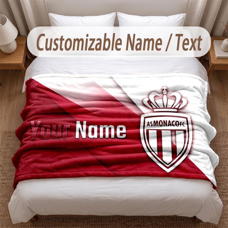 Monaco FC Printed Flannel Blanket Custom Name Text Soft Warm Throw For Bedroom Holiday Gift