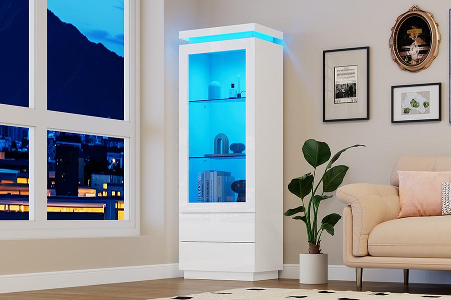 60*40*171cm Display Cabinet, Tall Cabinet with 2 Drawers, High Gloss Glass Display Cabinet with LED, Living Room with Glass Doors and Flip Door, White