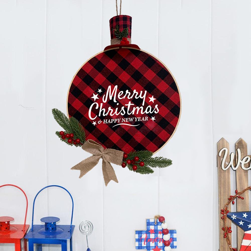 Wooden Christmas Decorations Red Black Plaid Printed Wreath Home Door Pendant