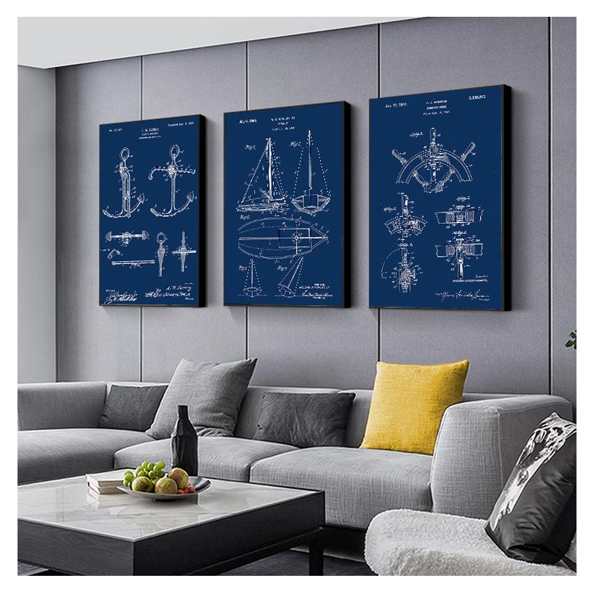 Плакат, подарки моряку, яхта, якорь, колесо корабля, парусный чертеж, морская настенная живопись, холст, картина, парусник, патент, принт, винтаж