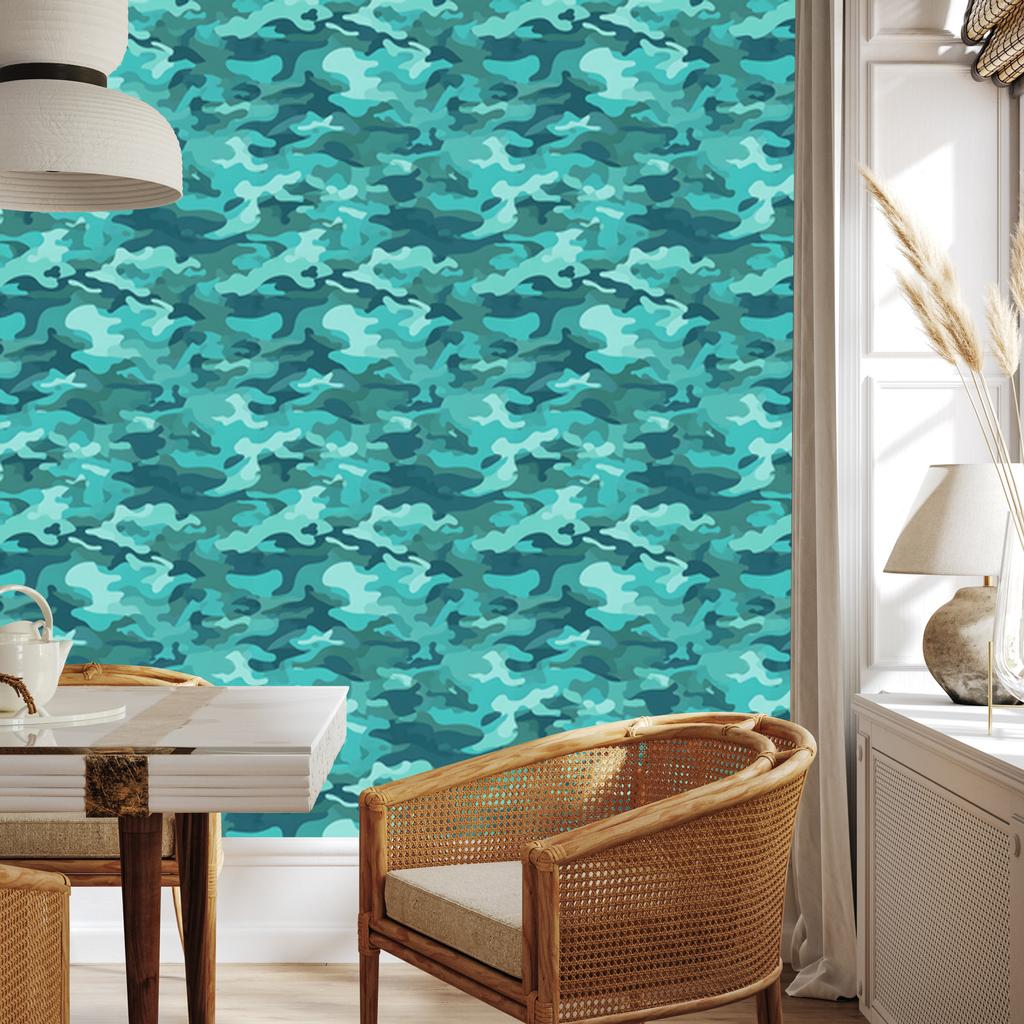 Turquoise and Navy Military Camouflage Wallpaper for Living Room and Bedroom 50x1000