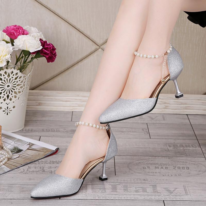 Fashion Elegant Pearl Pointed Toe Mid Heel Pumps For Women
