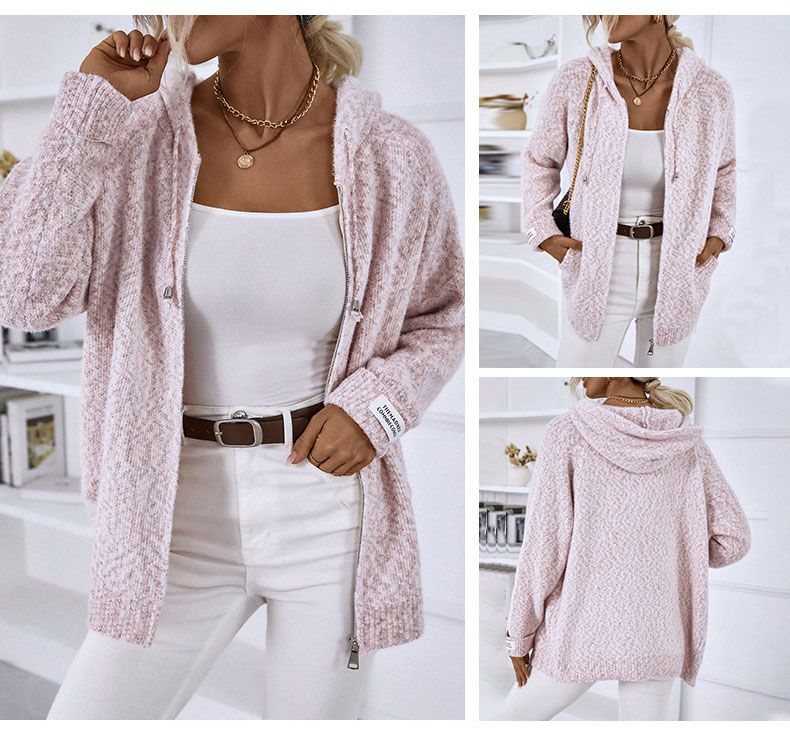 ZIMOXUAN Вязаный свитер с капюшоном, шнурком и молнией для женщин