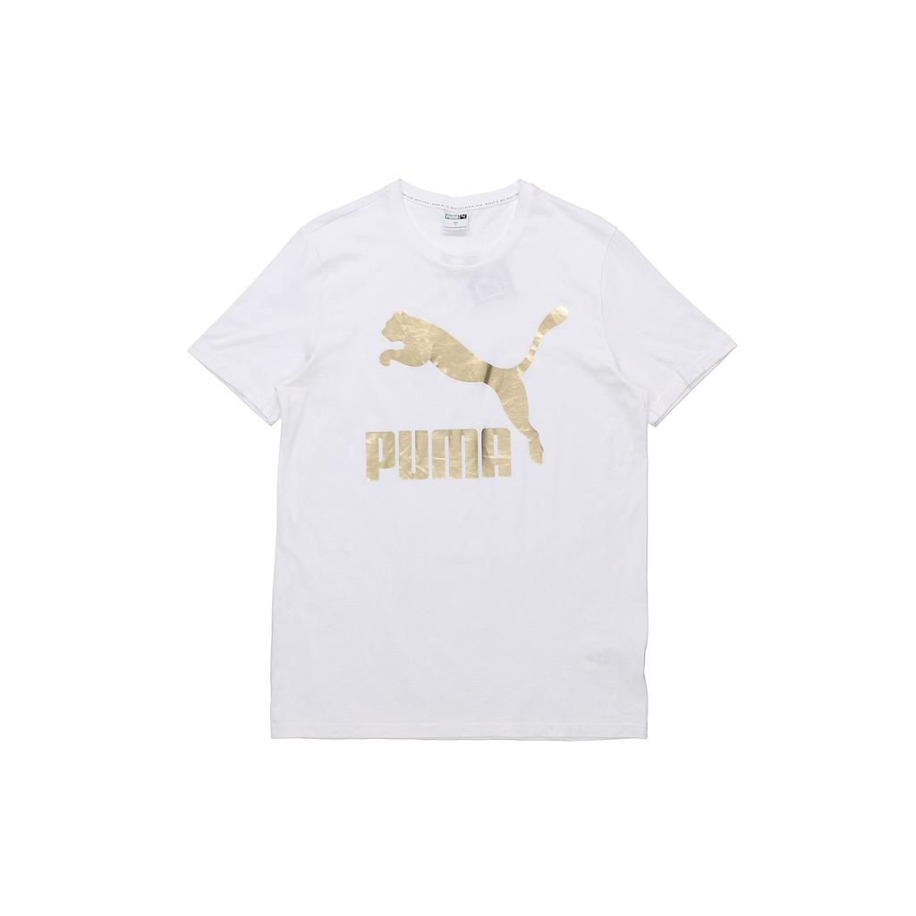 Puma Gold Foil Logo Print Crew Neck T-Shirt Men Tops White 579405-82