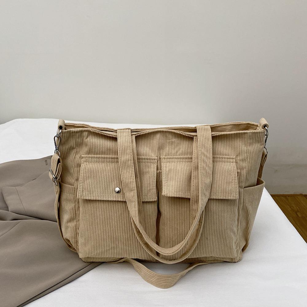 Vintage Corduroy Tote Bag Elegant Casual Underarm Bag Simple Multi-pocket Shoulder Bag  Holiday