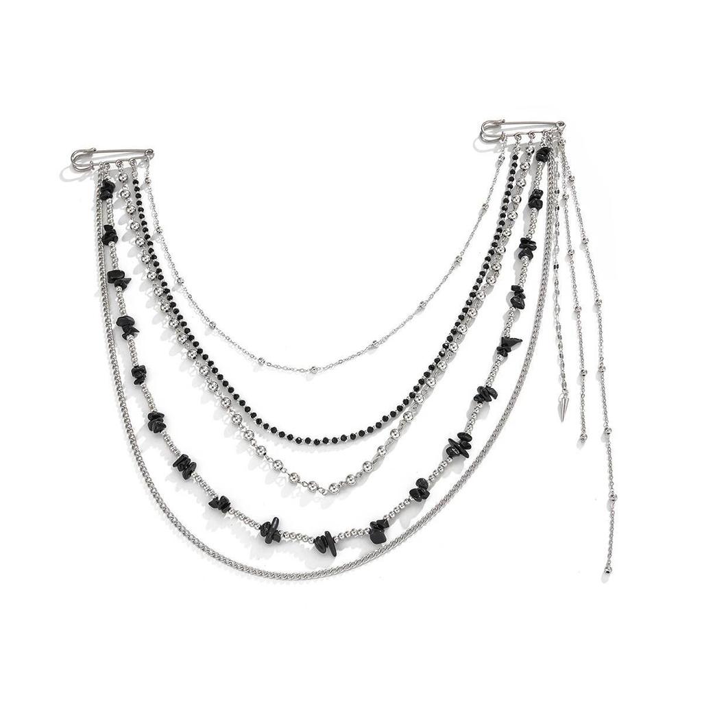 Salircon Creative Unique Black Stone Crystal Beads Long Brooches Women Classic Tassel Chain Shirt Suit Collar Pin Clip Jewelry
