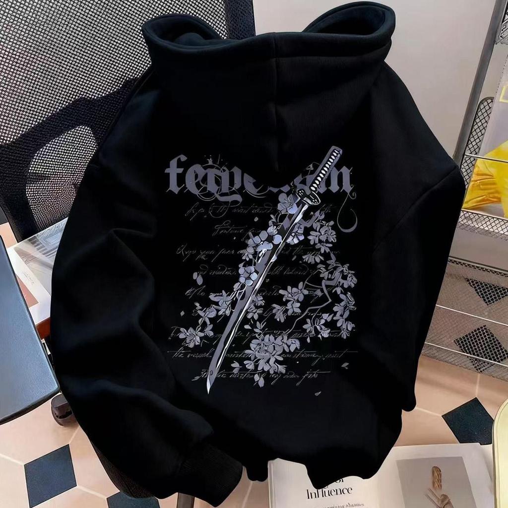 Мужская винтажная толстовка с принтом вишневого цвета и мечом, с начесом, свободного кроя, модная осенне-зимняя куртка