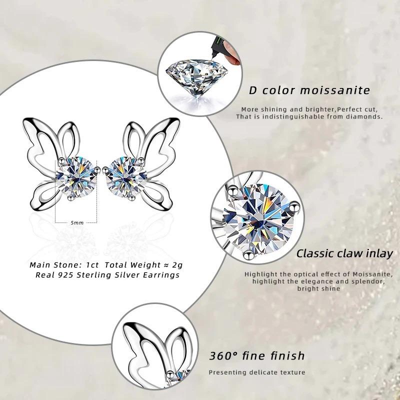 Серьги-пусеты 'Бабочка' из стерлингового серебра 925 пробы с муассанитом цвета D для женщин, на свадьбу, годовщину, вечеринку, с цирконием, изящный ювелирный подарок
