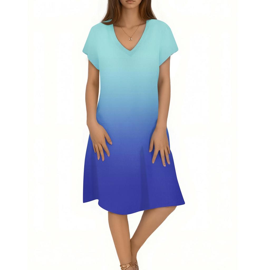Ladies Casual Fashion V-neck Short Sleeve Gradient Print Mid-length Flowing Dress