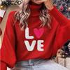 Valentine's Day LOVE Red Turtleneck Sweater Batwing Sleeve Oversized Pullover Knit Top
