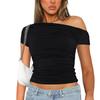 Ткань высокой эластичности однотонная с открытым плечом короткий рукав присборенная укороченная майка женская повседневная