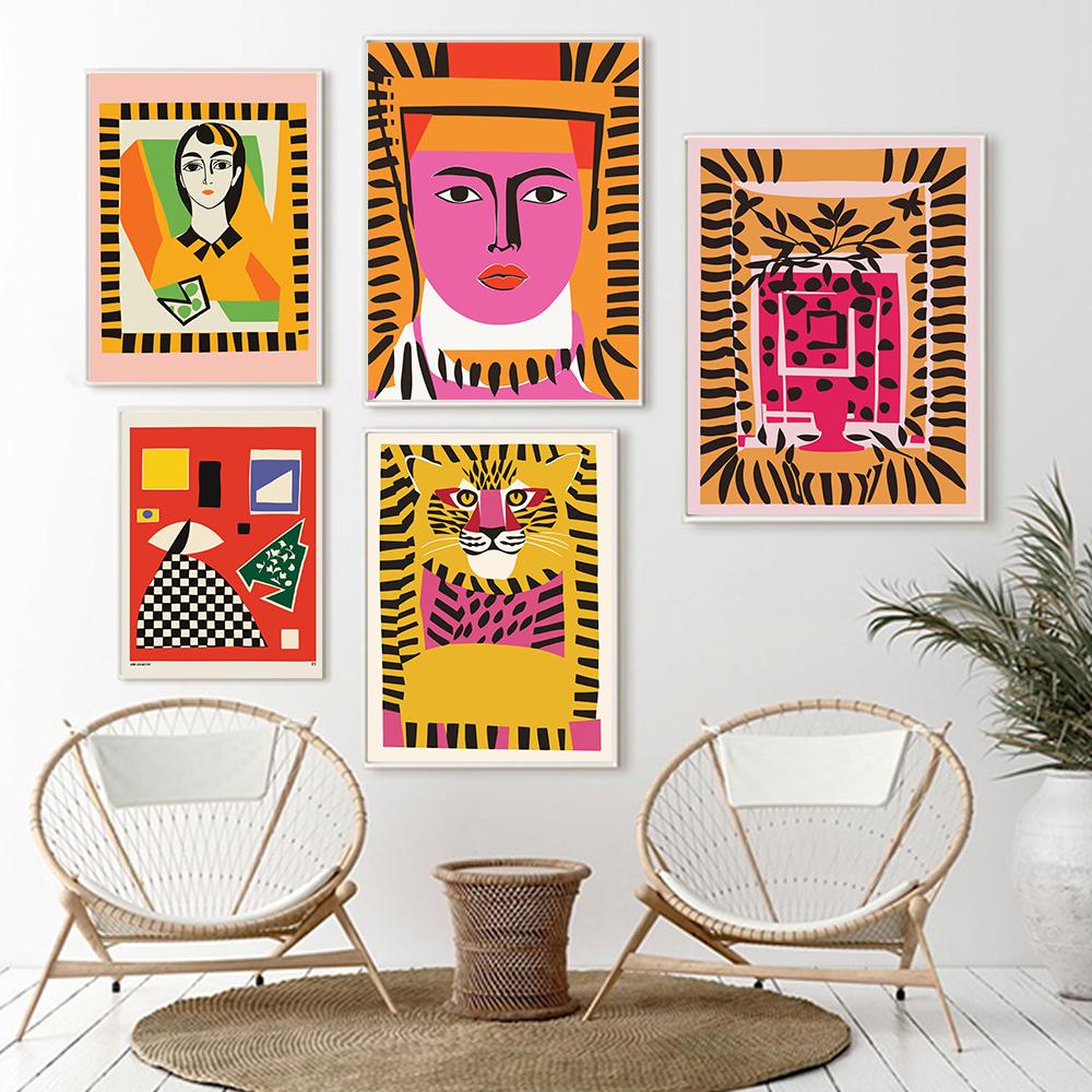 Bohemian Abstract Tiger Paper Cutouts Art Poster Print Egyptian Garden Artwork French Woman Canvas Painting Wall Room Home Decor
