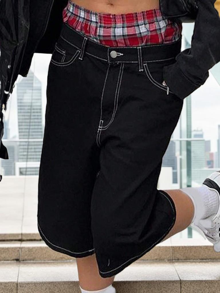 Rose Beauty A Женские брюки Y2K Street Заниженная талия Контрастная строчка сверху Косые карманы Повседневные свободные эластичные джинсовые шорты длиной до колена Шорты Hottie Outfits