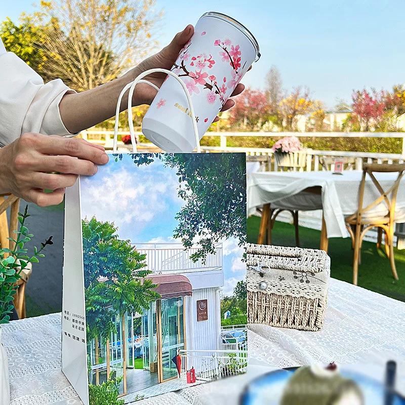 Чашка для кофе из нержавеющей стали с узором вишневого цвета, термокружка с крышкой, дорожная кружка для молока, чая, герметичная, с двойными стенками, для воды