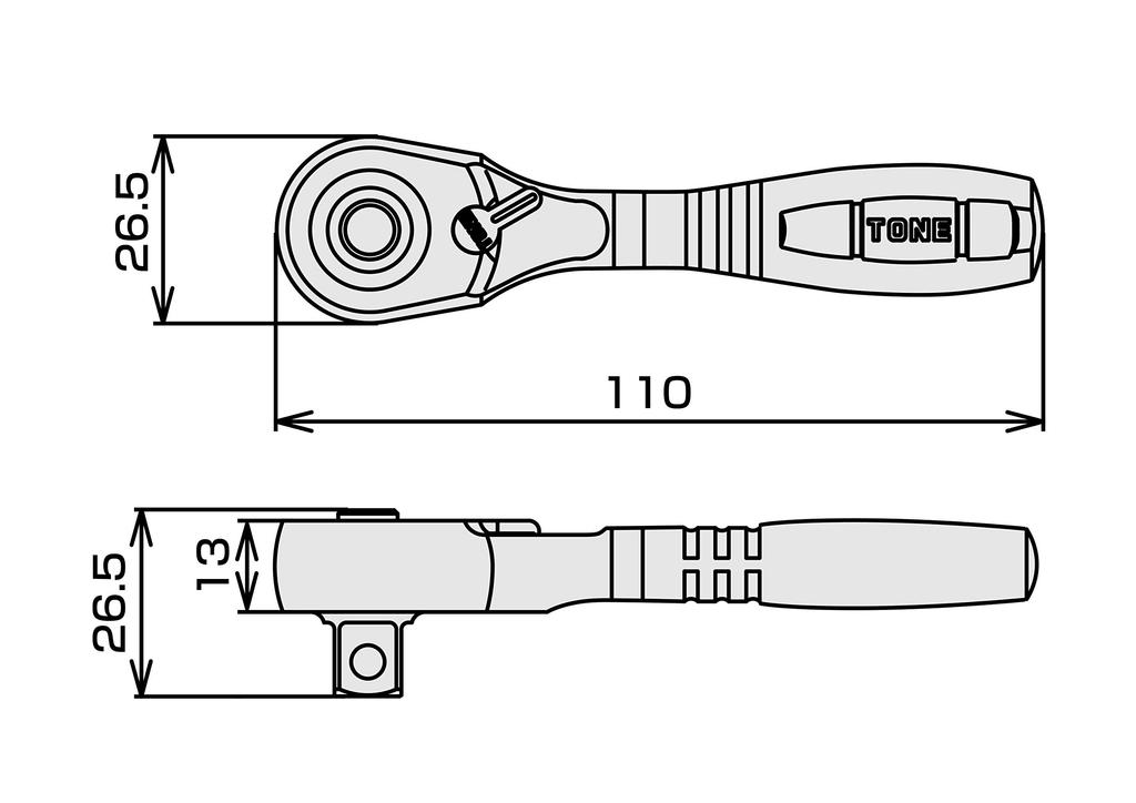 TONE Короткая трещоточная рукоятка RH3HS Угол привода (Тип удержания) 9.5mm (3/8")