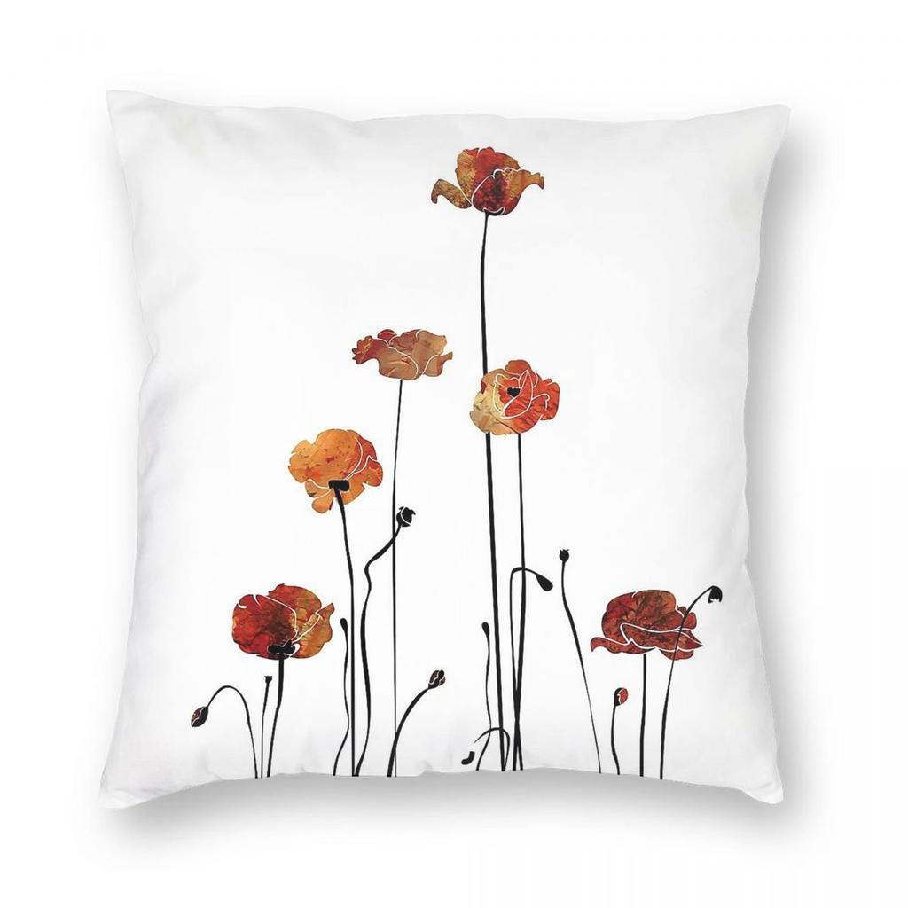 Poppies Nature Floral Square Pillowcase Polyester Linen Velvet Printed Zip Decor Car Cushion Case 18"